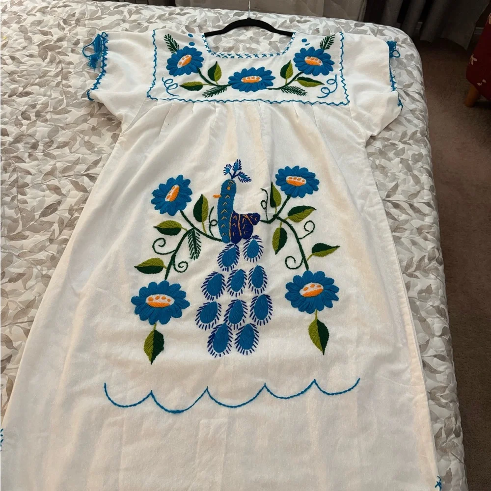 Mexican Style Hand Embroidered Dress - White  with Floral Accents - Picture 5 of 7